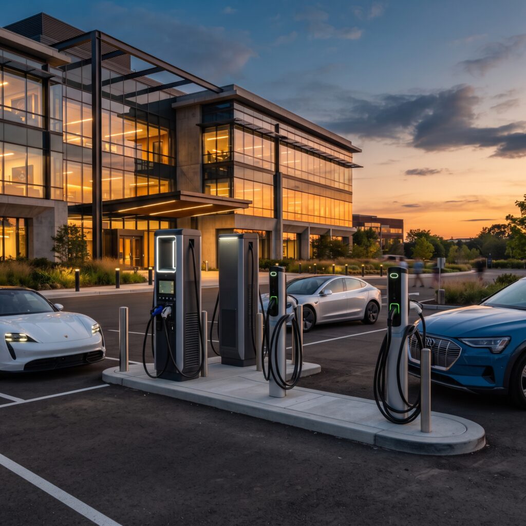 Commercial EV Charging Plugs in North America installed at a modern corporate building parking lot at sunset