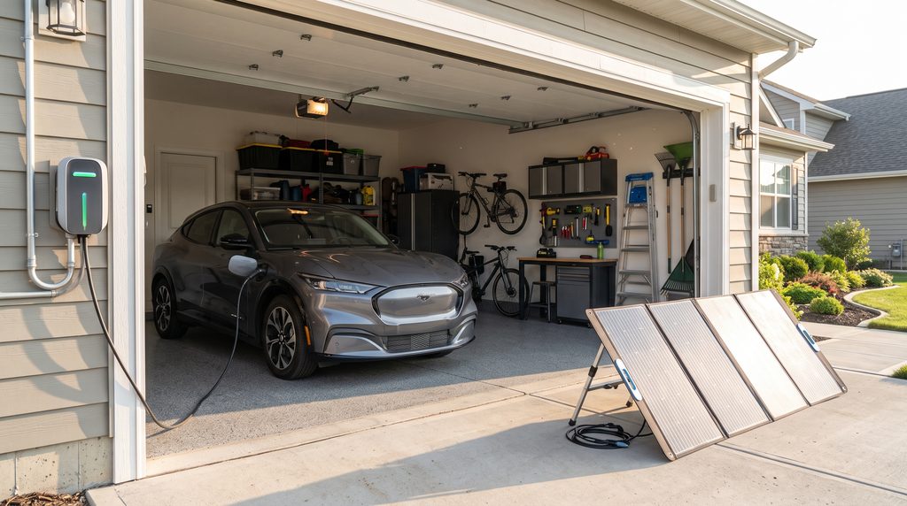 Modern electric vehicle plugged into an EV charging plugs in North America wall station inside a suburban garage