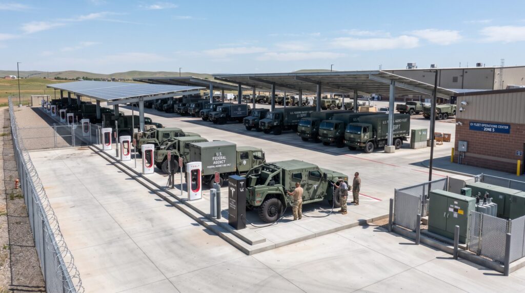Federal fleet electrification depot with Tesla V4 Supercharger pedestals military electric vehicles and solar canopy arrays