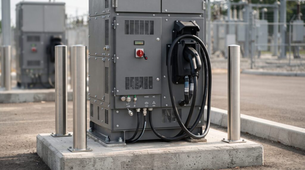 Modular bidirectional power inverter cabinet with ISO 15118 20 support installed on a commercial concrete pad