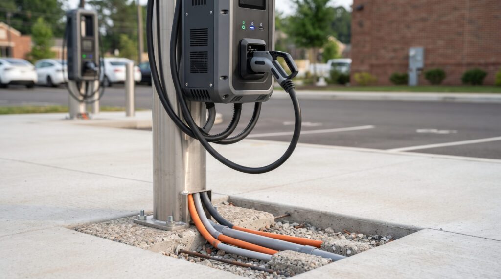 Modular DC fast charger dispenser unit with liquid cooled cable installed at a highway transit hub