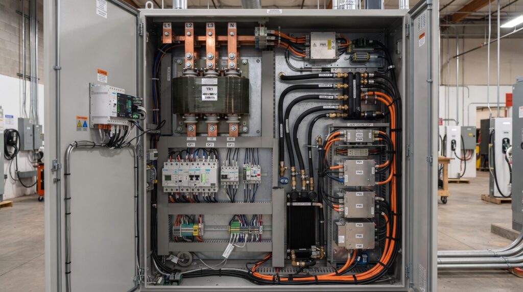 Open modular power cabinet displaying internal high voltage transformers liquid cooling lines and smart circuit breakers for commercial EV charging installations