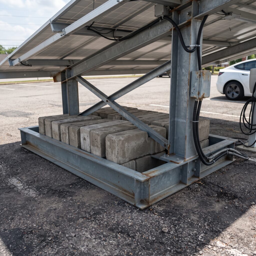 Heavy duty off grid solar EV charging canopy base installed on asphalt without trenching