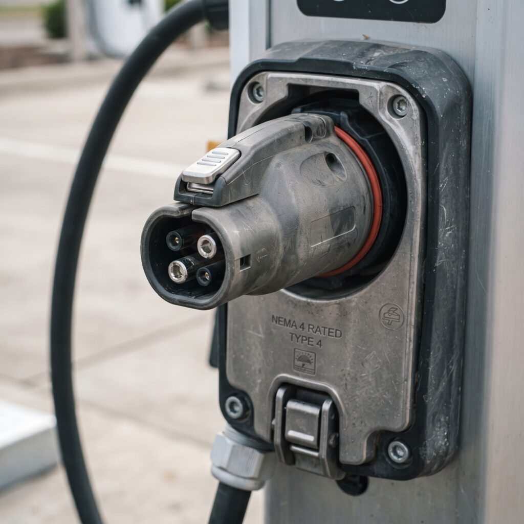 Close-up view of an industrial SAE J3400 NACS connector handle docked on a commercial EV charging station