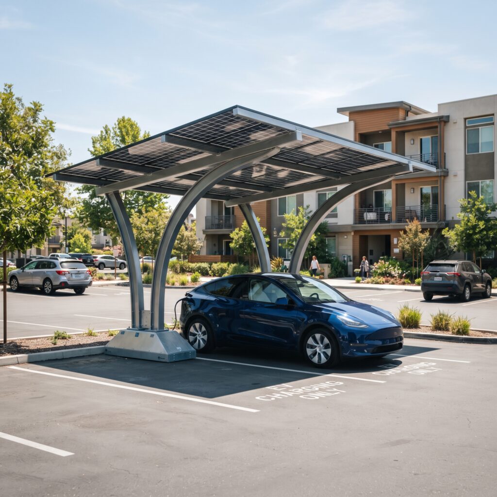 Solar EV Charging Carshare off grid canopy charging electric vehicle in commercial parking lot