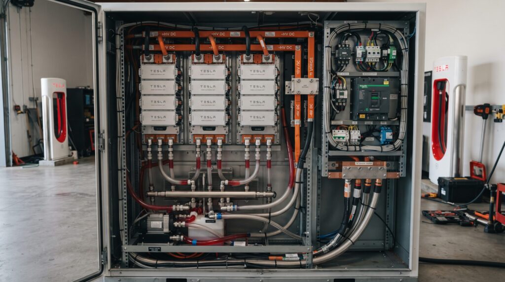 Tesla V4 Supercharger interior showing liquid cooling lines switchgear connections and modular power conversion cabinets for federal fleet charging
