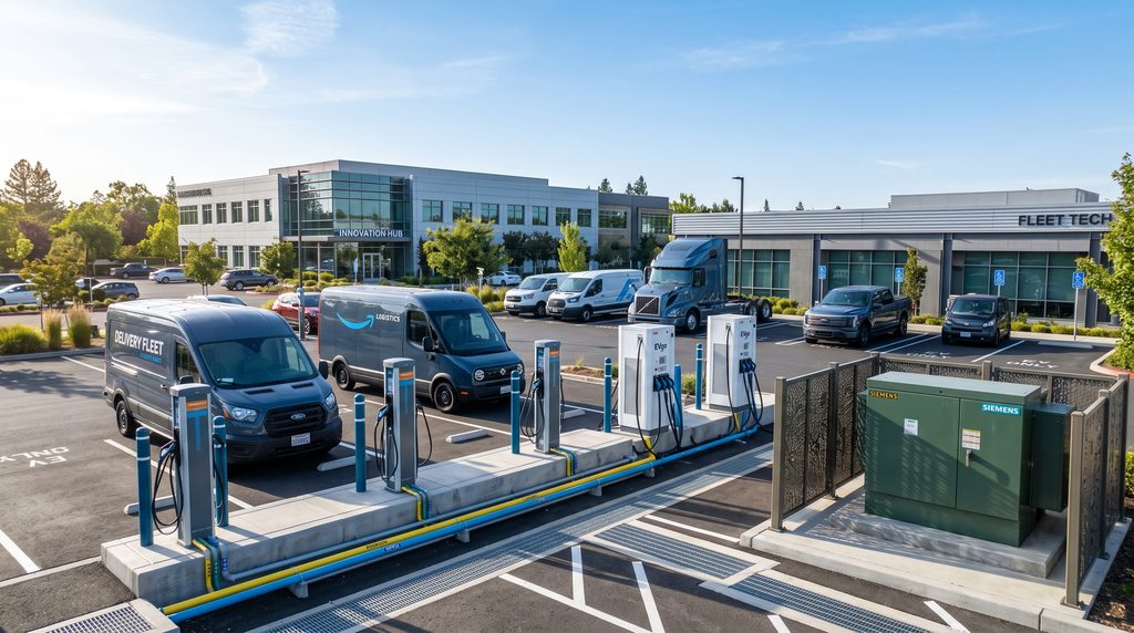 Commercial EV charger installation cost overview featuring Level 2 AC pedestals and DC fast charging units at an office park