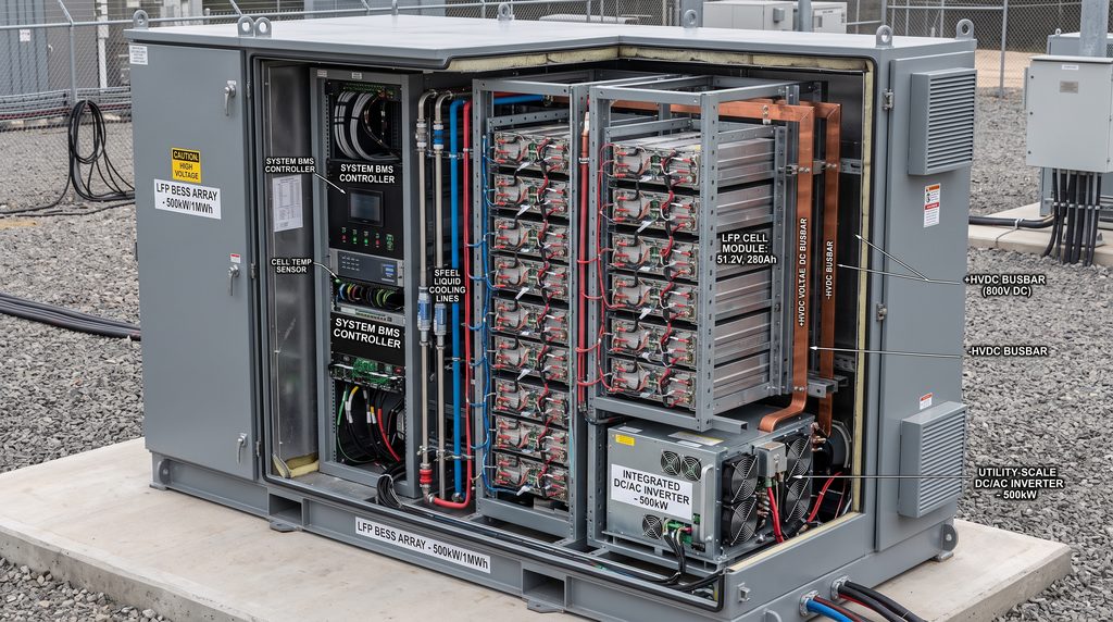 Industrial high-voltage LFP battery array with liquid cooling and internal electrical busbars for commercial power storage