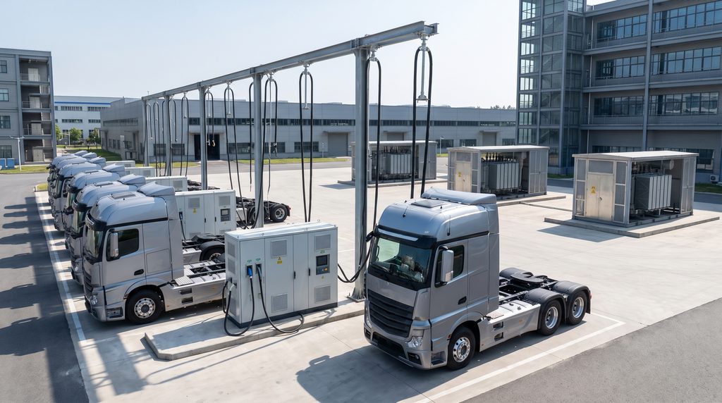 Megawatt charging commercial EVs at an industrial fleet logistics depot with heavy-duty electric trucks