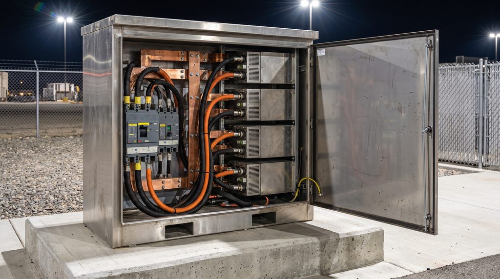 Open modular power cabinet showing internal busbars and power electronics on a commercial concrete foundation