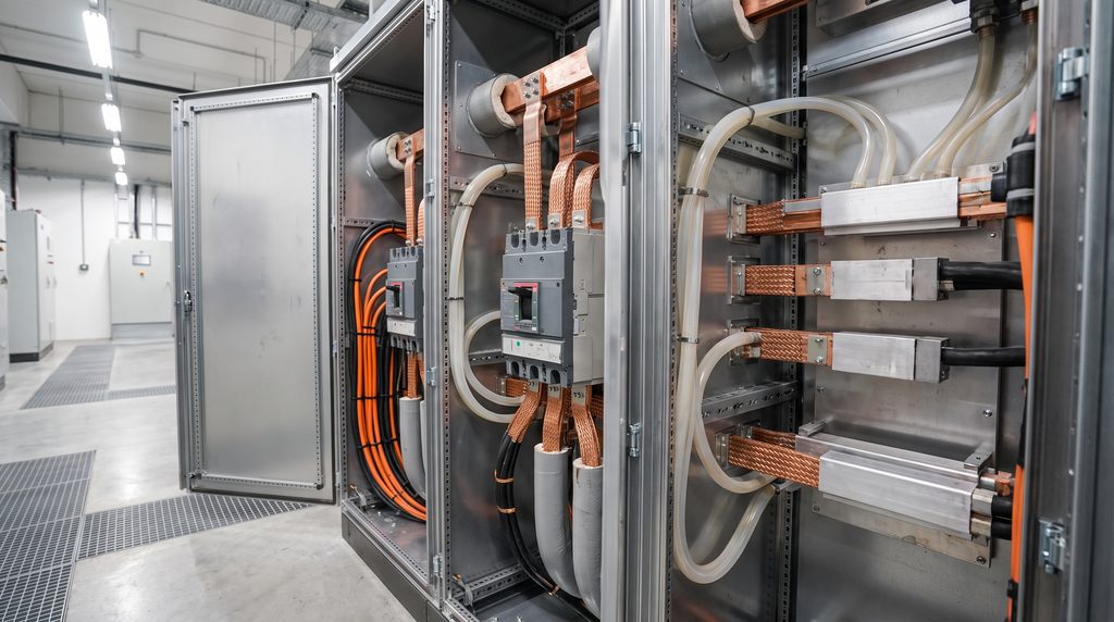 Modular power cabinet and high voltage electrical switchgear showing internal busbars and cooling connections