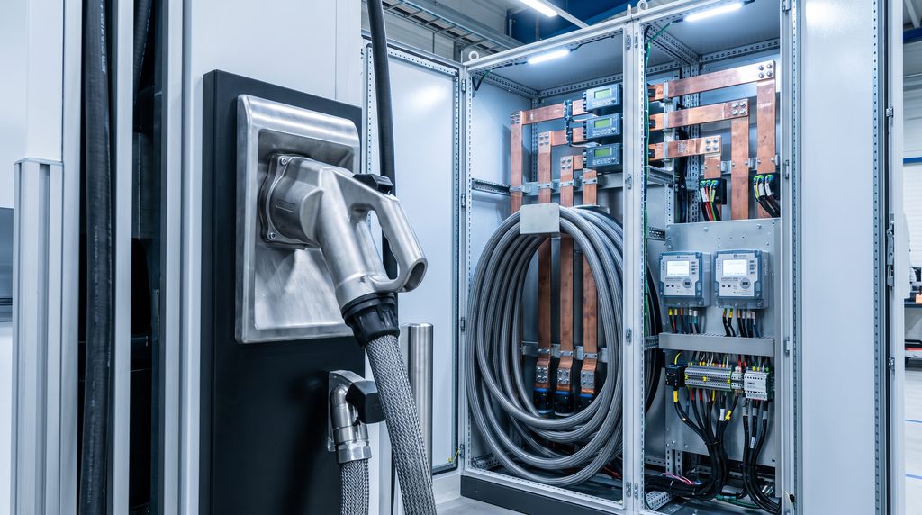 Industrial modular power cabinet with open switchgear panel showing 480V three-phase busbars for commercial EV charging installation