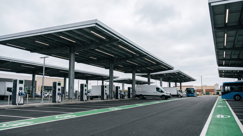 Public charger durability demonstrated at an urban commercial electric vehicle charging plaza with steel canopy stalls