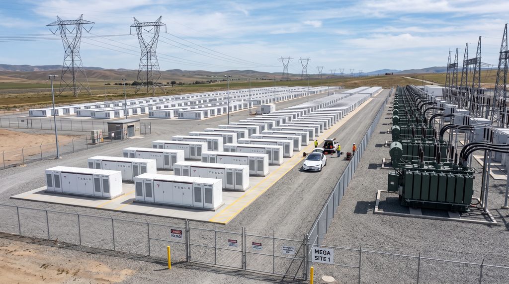 Utility-scale battery storage system featuring rows of commercial Megapack battery enclosures on concrete pads