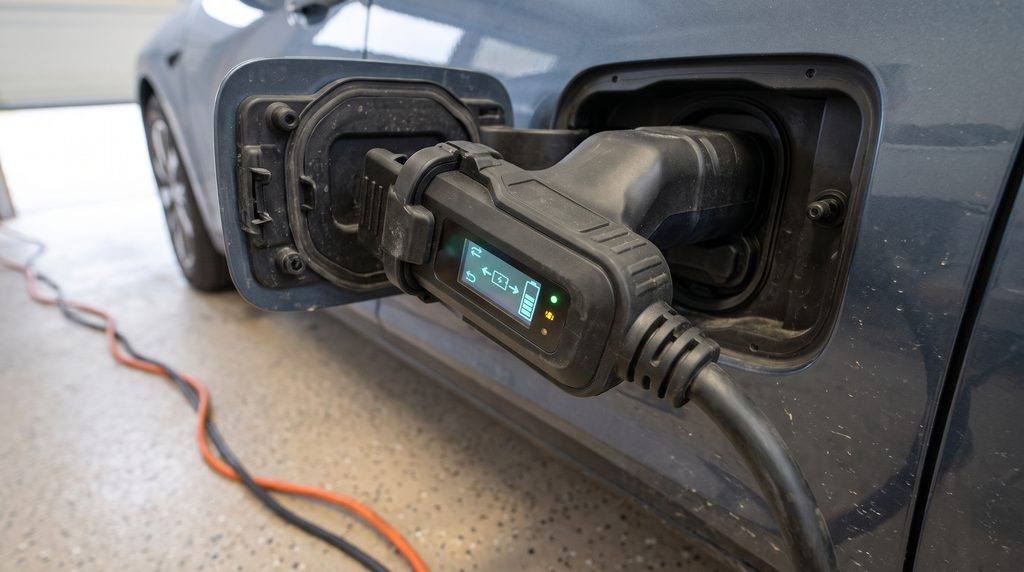 Close-up of a certified bidirectional adapter plugged into an electric vehicle port for safe vehicle-to-home V2H explained backup power