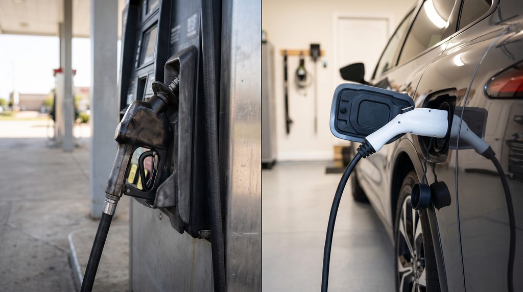 Split comparison of a gas station fuel pump nozzle and an electric vehicle charging plug in a home garage