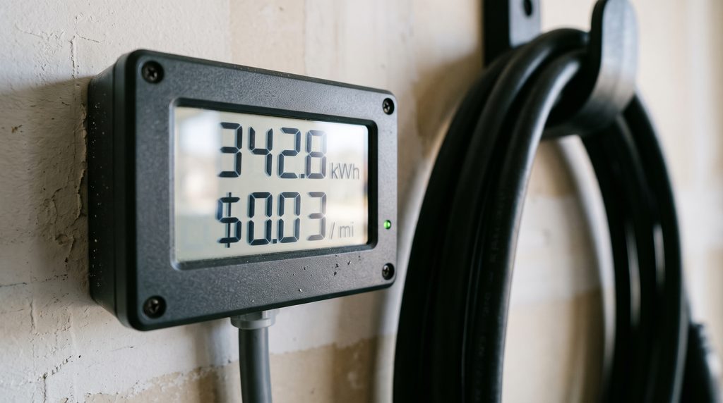 Close-up of an energy monitoring screen calculating cents per mile to prove charging an EV cheaper than gas