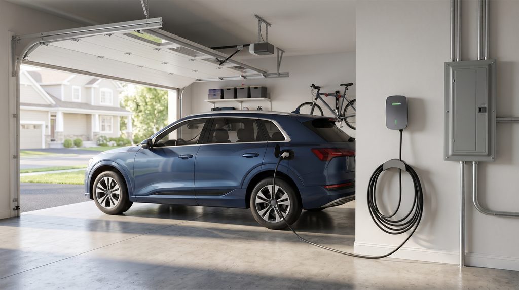 Modern electric vehicle parked in a suburban garage with a clean home EV charging setup mounted on the wall