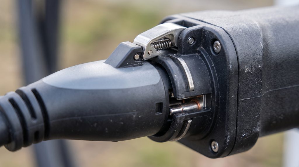 Close-up of a rugged NACS to CCS adapter connected to a fast-charging cable showing durable safety locking pins