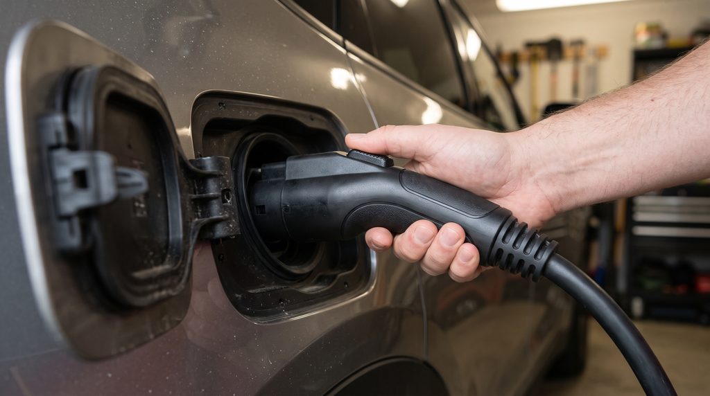 Close-up of a Level 2 home charger connector cable plugging into a personal electric vehicle port