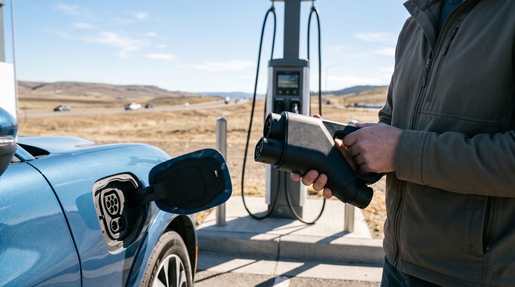 Electric vehicle driver holding a certified NACS to CCS adapter beside a fast-charging station on a sunny road trip