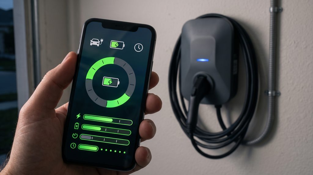 Close-up of a smartphone app scheduling time-of-use EV charging next to a Level 2 smart wall charger