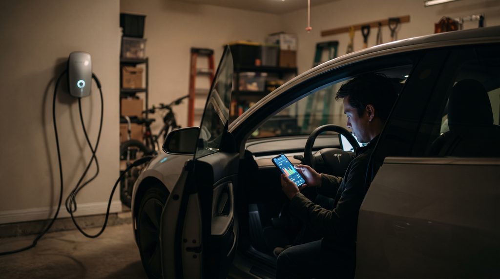 Driver checking an off-peak time-of-use EV charging schedule app on a smartphone inside a garage