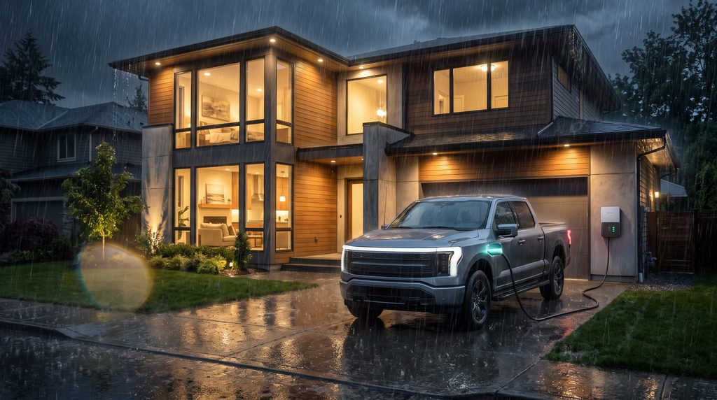 Modern suburban house powered during a storm by an electric vehicle using a vehicle-to-home V2H explained charging station